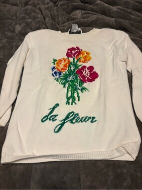 Vintage Adrienne Vittadini Crewneck Sweater w/Multicolor Floral Intarsia